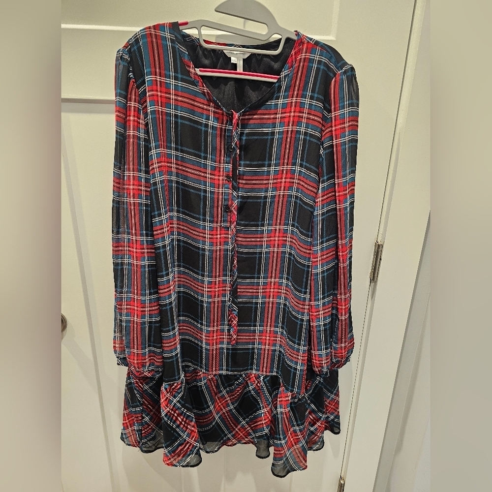 Draper James XXL Plaid Ruffle Shirt Dress NWT Tie Neck Holiday Flounce Dress